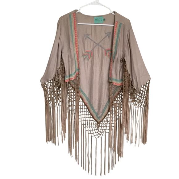 Judith March Sweaters - Judith March Duster Cardigan Boho Western Brown Crochet Fringe Sz M